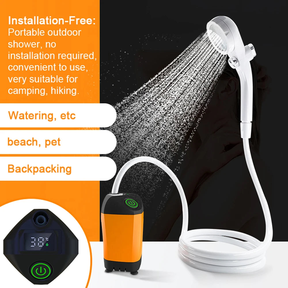 Outdoor Camping Shower IPX7 Waterproof with Digital Display Portable Electric Shower Pump for Hiking Travel Beach Pet Watering